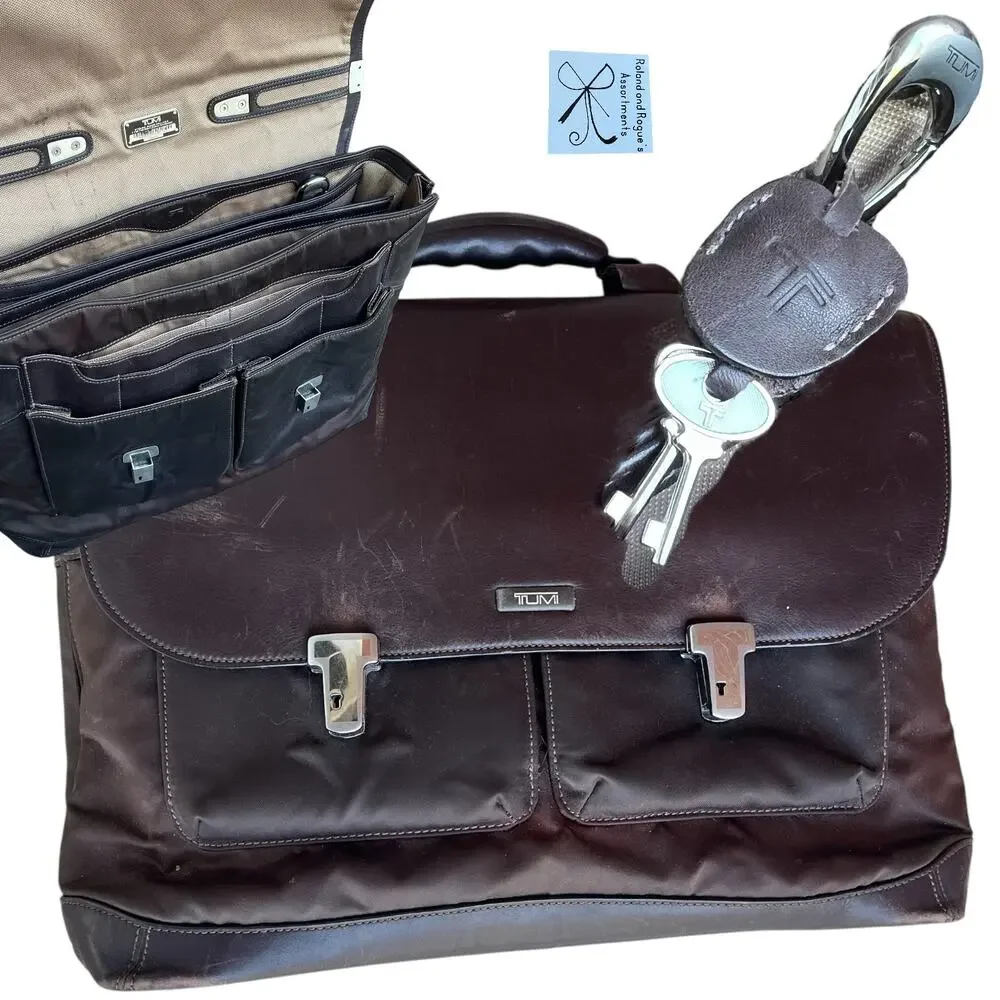 Tumi Formula T Leather Flap Laptop Briefcase Bag Missing Strap As-is